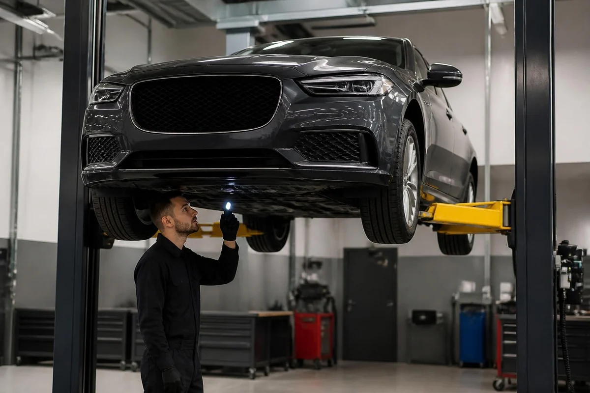 Technician inspecting the underside of a grey sedan raised on a lift