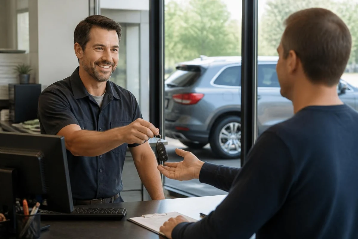 Service advisor handing keys to a driver at the shop counter