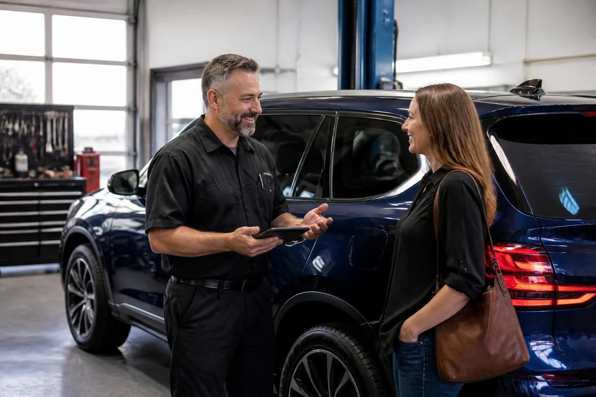Technician talking with a customer beside a blue SUV in the shop