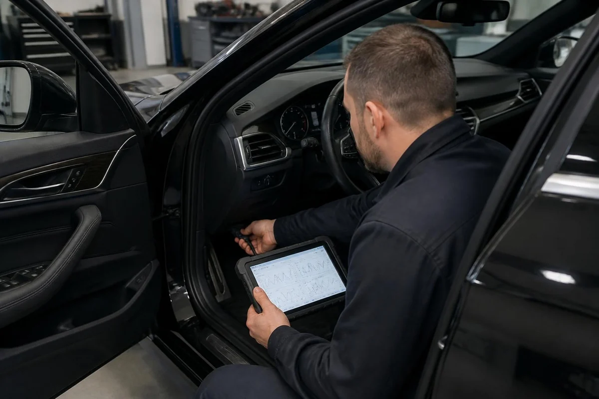 Technician reading a diagnostic scan tool inside a sedan