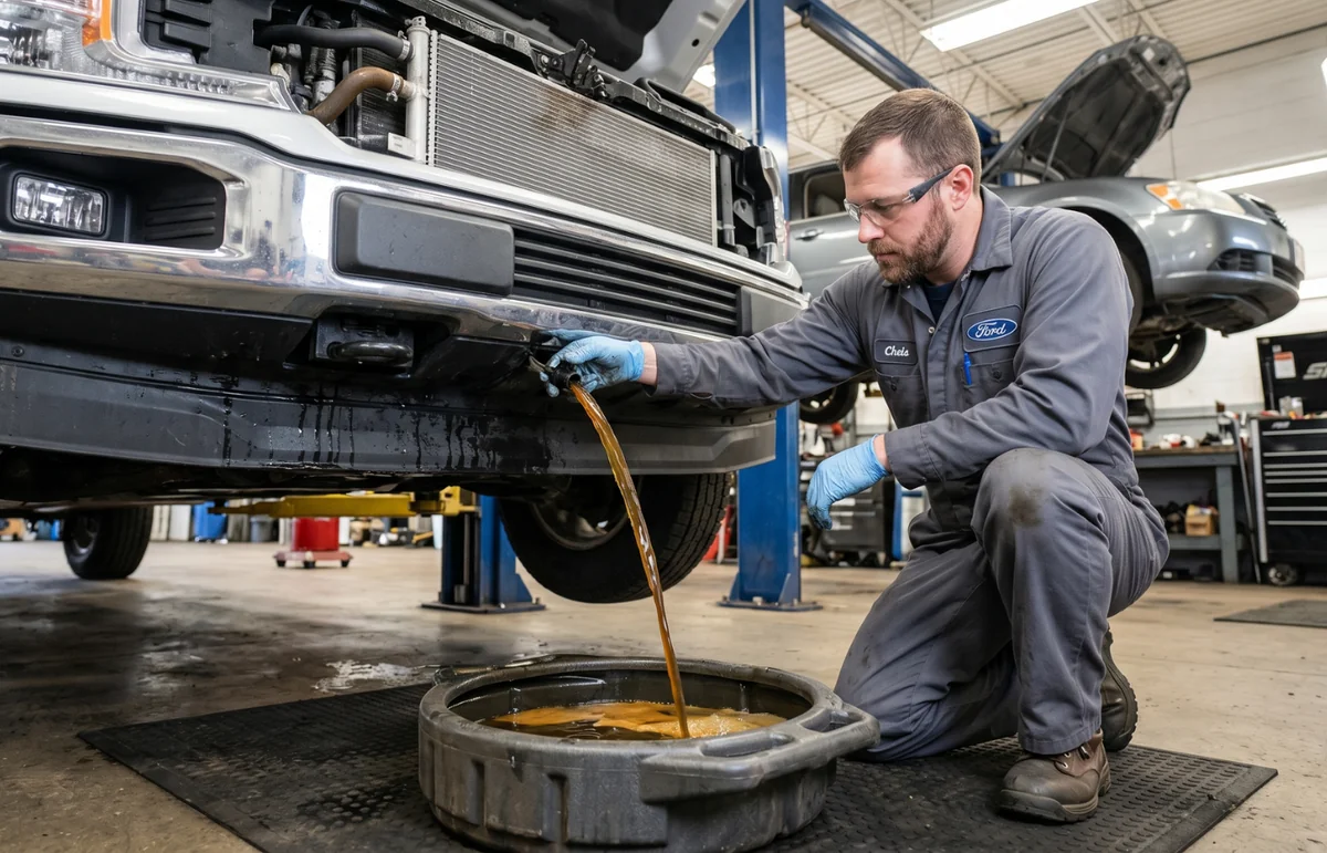 An automobile service engineer performs a coolant flush, emptying dirty brown coolant into a pan, allowing the coolant to be replaced.