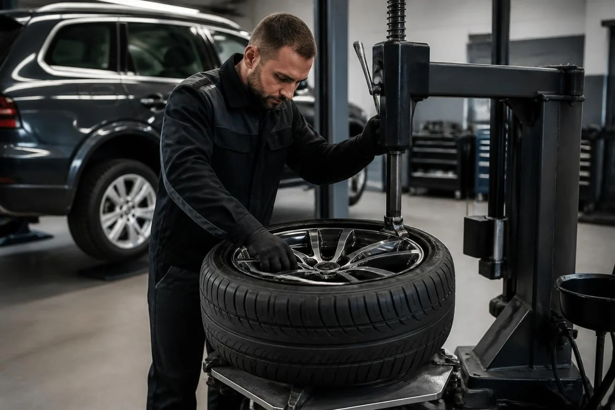 Technician mounting a new tire on an SUV wheel