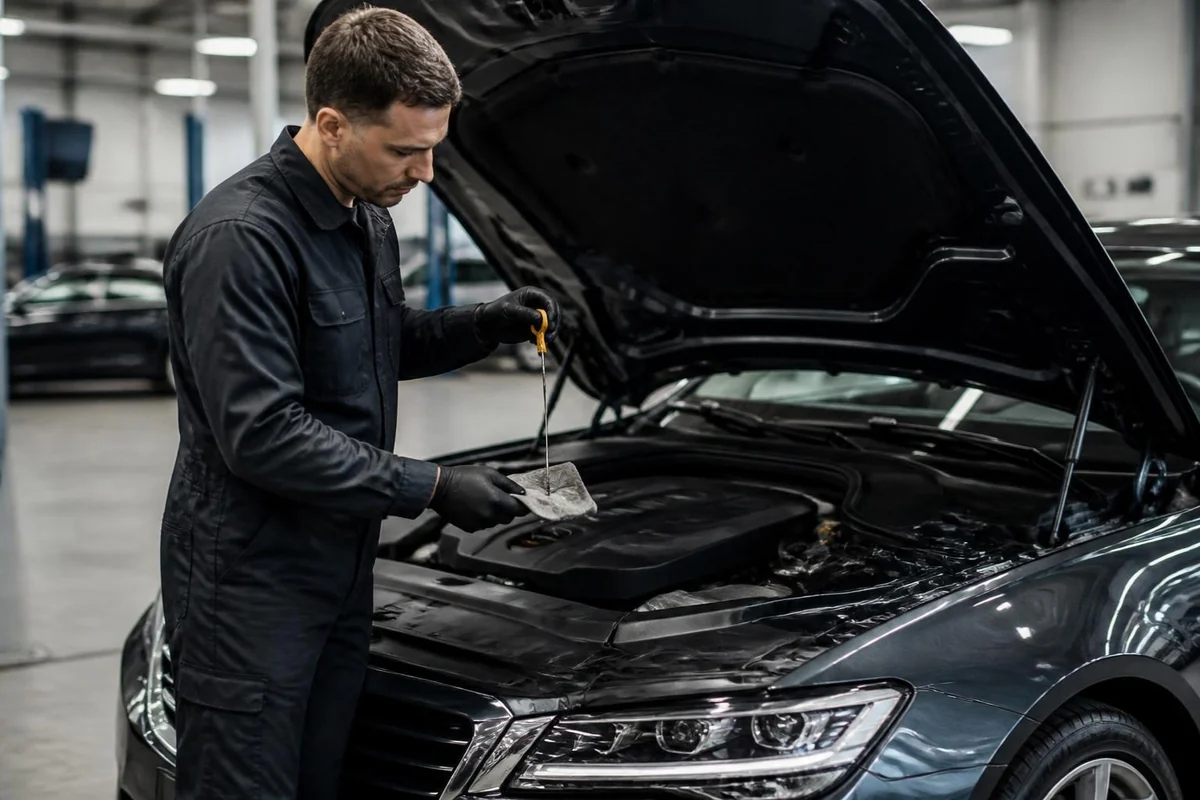 Technician checking the engine oil on a dark sedan in a clean service bay