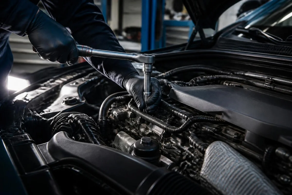 Technician using a torque wrench in an open engine bay