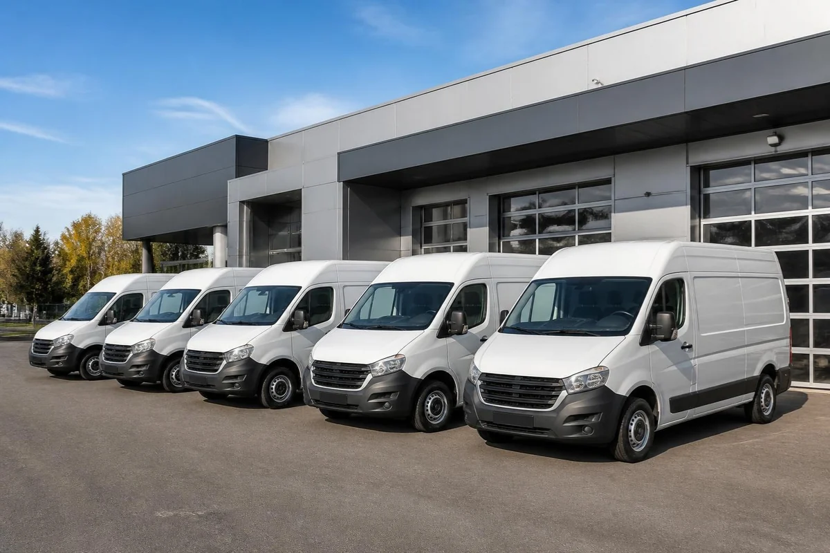 Row of white cargo vans parked in a service lot