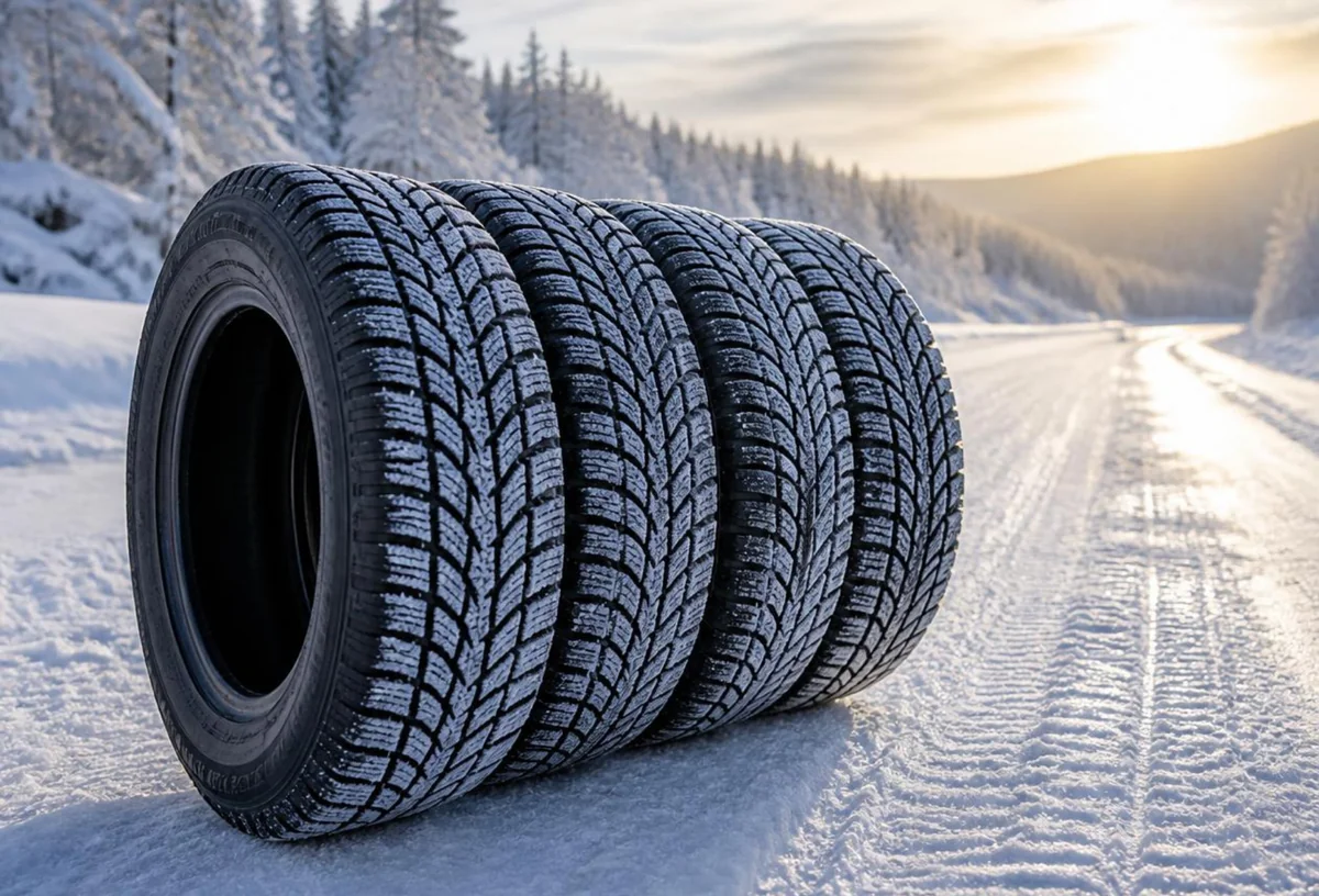 A set of winter-ready tires on a snow-covered road, prepared with winter tire maintenance.